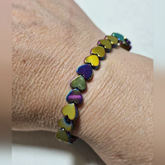 Heart-Shaped Hematite Beaded Stretch Bracelet HANDMADE NWOT - Picture 5 of 7